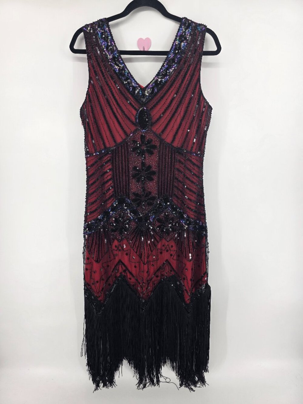 Black Red Sequin Beaded Flapper Dress Size L Fringe‎ Gatsby Cocktail